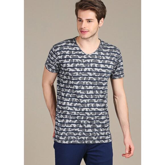 MONDO Other - Mondo Gray Blue Stripe Luxury Cotton Tee Sz 4XL Lightweight Stretch Cotton Bloke